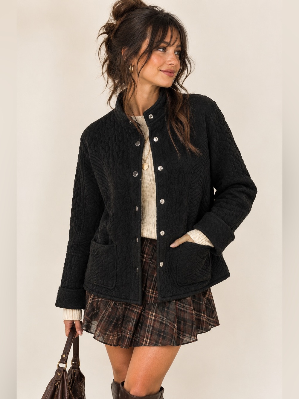 Issac Mizrahi Cozy Quilted Snap Front Cozy Jacket | Black | Size XLarge